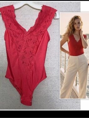 Vintage Red Spandex Satin Shiny Second Skin Teddy Lace Straps Bodysuit Sissy S
